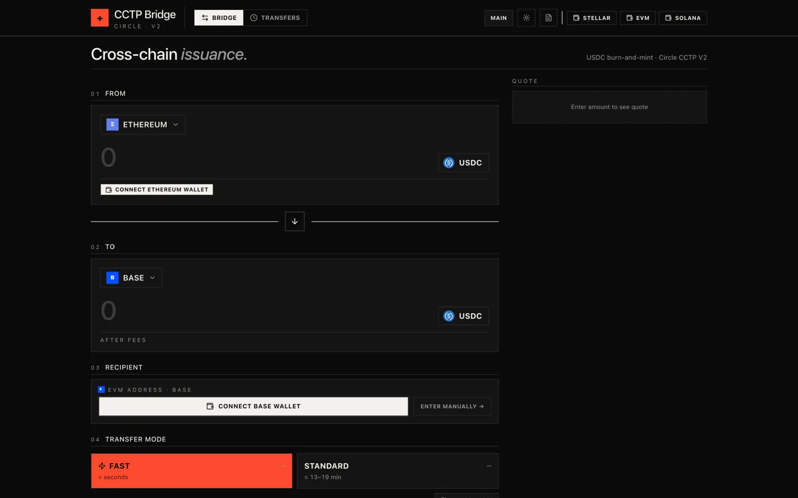 CCTP Bridge: a transfer form moving USDC from Ethereum to Base, with fast and standard modes