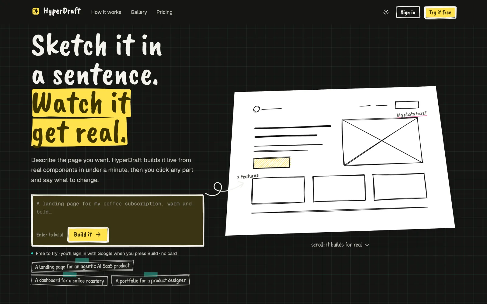 HyperDraft landing page: "Sketch it in a sentence. Watch it get real." beside a hand-drawn wireframe that builds into a page